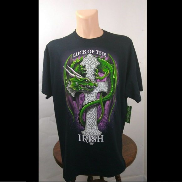 Irish Dragon Cross Black T-Shirt Side S - Picture 13 of 16